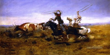 Indianer und Cowboy Werke - oh Cowboys die einen Ochsen abfangen 1892 Charles Marion Russell Indiana Cowboy